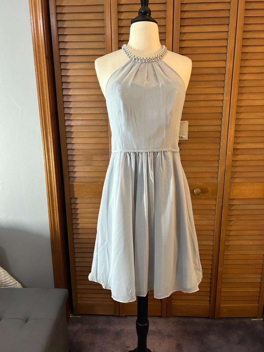 Beaded Halter Midi Dress in Light Blue